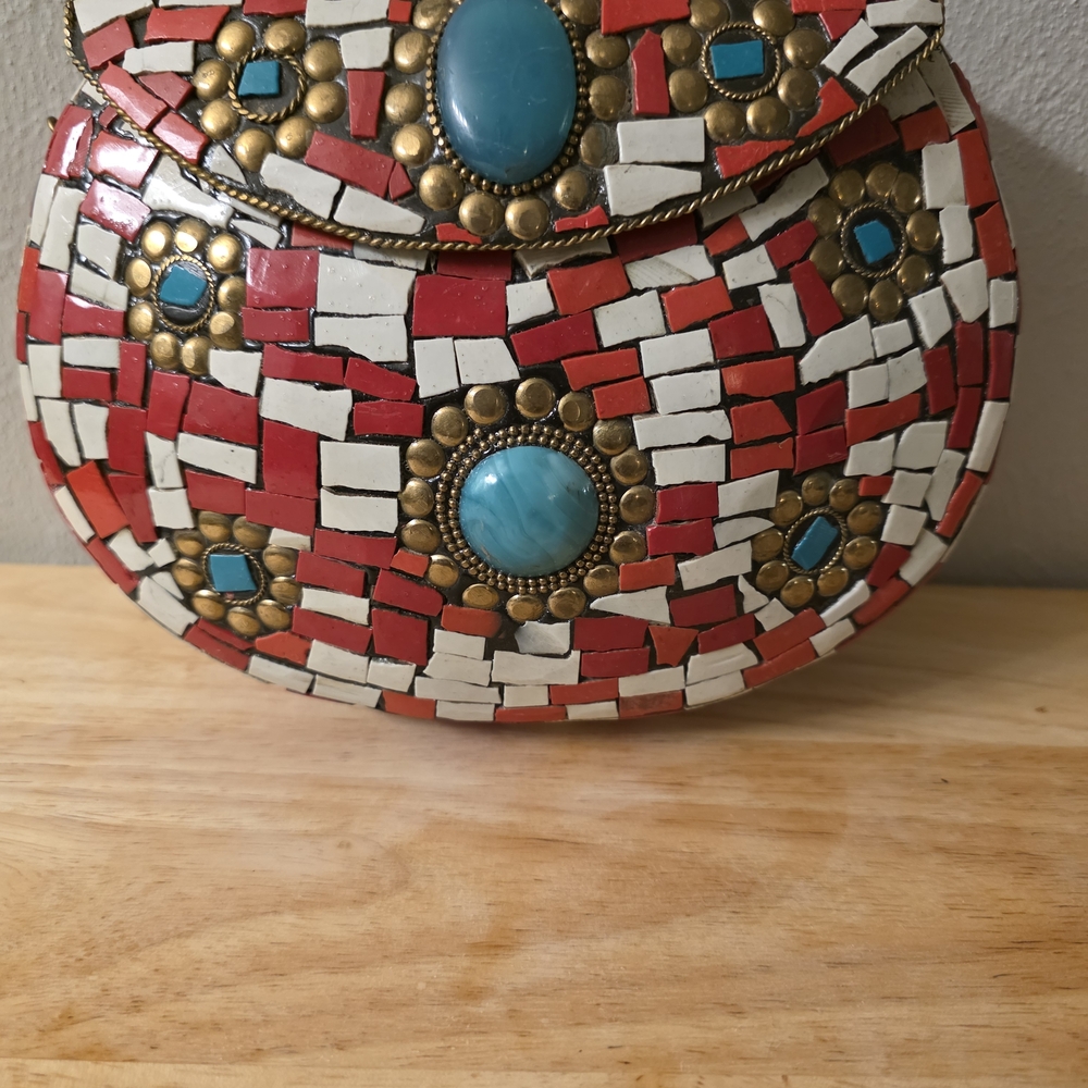 Red and Turquoise Mosaic Clutch  With Chain Strap